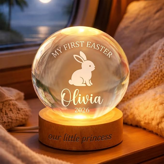 Personalized Easter Bunny Crystal Ball LED Lamp, Custom Name Glass Globe Night Light, Spring Home Decor Accent Light with Wooden Base, My First Easter Keepsake Gift for Family and Bedroom Display