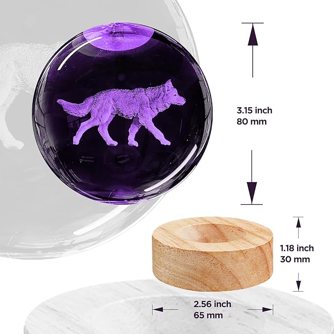 3D Wolf Crystal Ball Night Light,3.15in k9 Crystal Ball Lamp with 16 Colors Change,Wooden Base and Remote Control Wolf Figurine Statue Gifts for Kids
