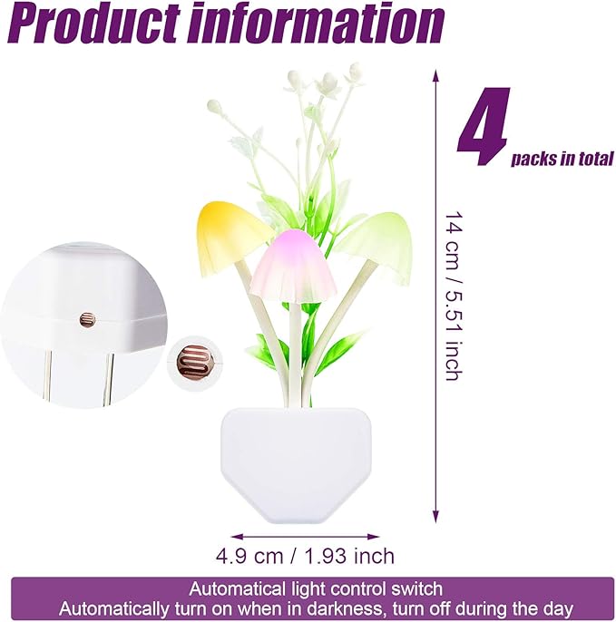 Mudder 4 Pcs Sensor Mushroom Night Lights LED Night Lights 7 Color Changing Plug-in Light Sensor Wall Lamp for Adults Bedroom, Bathroom, Christmas Party Gift(Float Grass Style)