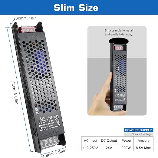 LED Driver 24V 200W 8.3A Slim LED Power Supply, AC 100-250V to 24V DC Adapter, Constant Voltage Transformer for LED Strip Lights, Bulbs, Garden Light, Cabinet Lights