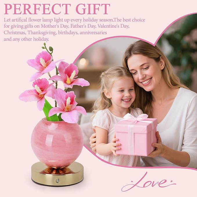 Flower Table Lamp, 3 Colors Orchid Night Light, Cordless Touch Dimming Artificial Flower with Vase Lamp, LED Bedside Night Light Romantic Gifts for Girl Women Mom (Pink Orchid)