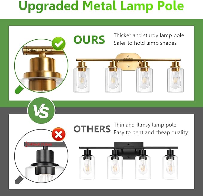 Ascher 4-Light Bathroom Light Fixtures, Modern Vanity Lights Over Mirror, Gold Wall Lamp with Clear Glass Shade for Bathroom Mirror Hallway Cabinet Porch Living Room
