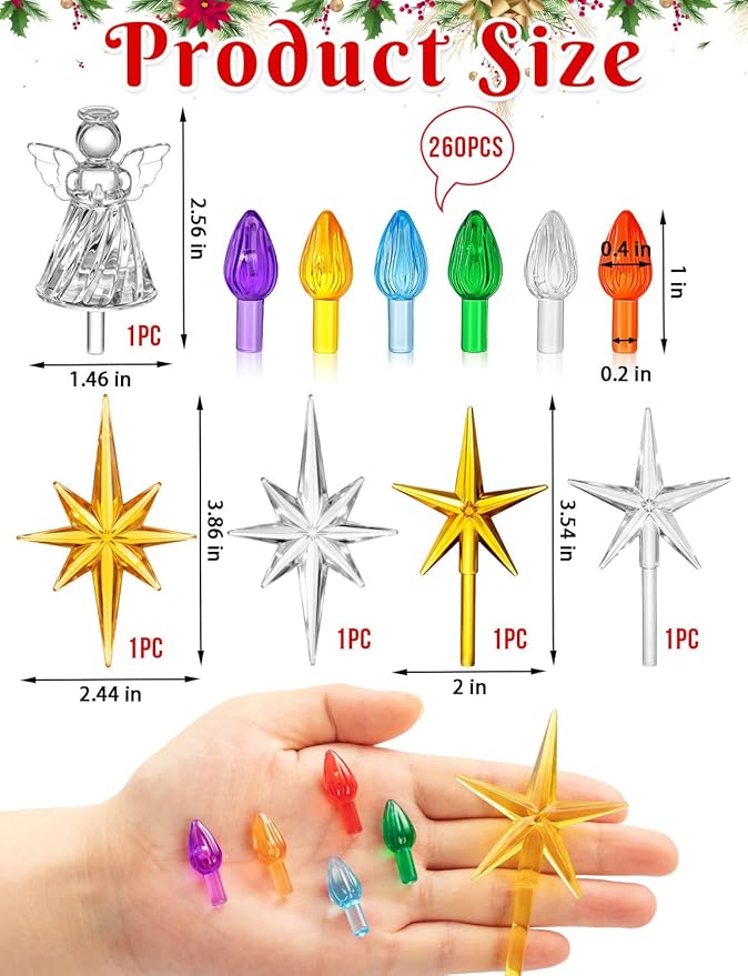 260Pcs Ceramic Christmas Tree Replacement Lights, Multicolor Ceramic Tree Twist Light UO rnaments(255 Plastic Bulbs+4 Topper Star+1 Angel)