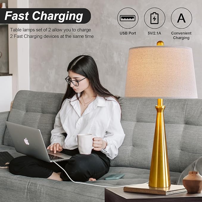 Oneach 25.75" 3-Way Dimmable Touch Control Modern USB Table Lamp Set of 2 for Living Room Bed Room Bedside Nightstand Lamps Fabric Shade Vintage Accent Light Gold Antique Brass