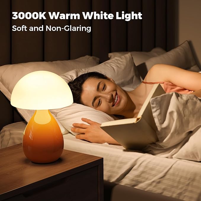 Mushroom Lamp, Vintage Small Table Lamp for Bedroom, Ice Crack Ceramic LED Night Light for Kids, Mid Century Modern Bedside Lamp for Nightstand, Living Room, Home Decor Gift Ideas for Women, Orange