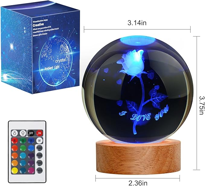 Rose Lamp Cute Gifts for Women, Large 3D Rose Night Light, Crystal Light up Rose Lamp 16 Color Changing with Remote Control for Bedroom Decor, I Love You Rose Glass