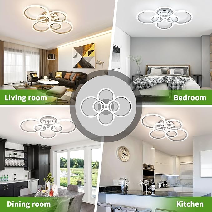 Modern LED Ceiling Light Fixture, 6 Rings Dimmable Flush Mount Ceiling Light with Remote, Acrylic Close to Ceiling Lighting Fixture for Low Ceiling Living Room Bedroom Kitchen (6 Heads)