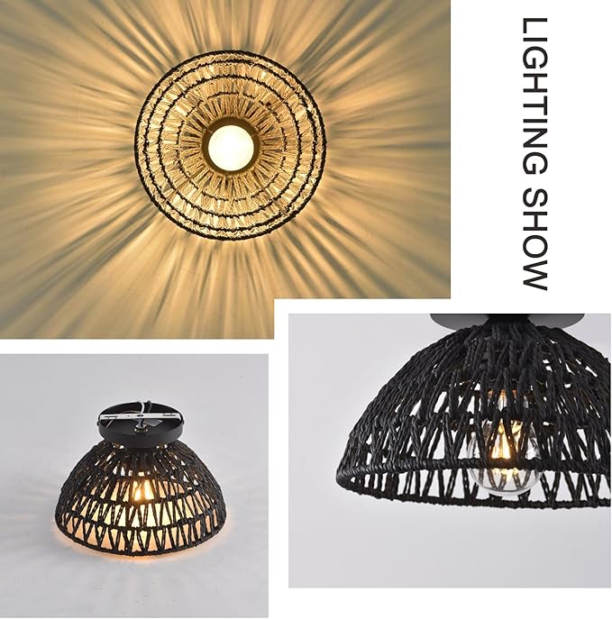 2 Pack 10.2" H Farmhouse Fixtures Ceiling Mount,Black Rattan Boho Semi Flush Mount Ceiling Light,Hand Woven Hallway Light Fixtures for Bedroom Entryway