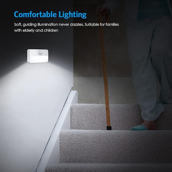 AMIR 2 Pack Mini Motion Sensor Stair Light for Indoor, Battery-Powered LED Night Light, 40 Lumen 6500K, Cordless Closet Lights, Safe Lights for Stairs, Hallway, Bathroom, Kitchen, Cabinet
