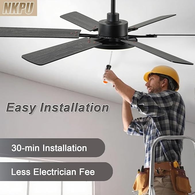 56 Inch Ceiling Fans with Lights, Modern Black Ceiling Fan with Light and Remote Control, 6 Double Sided Blades, 6 Speed Reversible Motor, Dimmable LED, Silent Timing, Indoor Outdoor Patio Use
