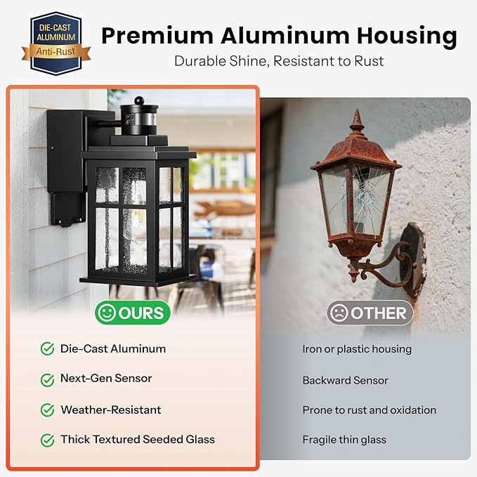 Gleamz Motion Sensor Outdoor Porch Light with GFCI Outlet, Modern Black Exterior Lighting Fixtures Wall Mount for House, Anti-Rust Waterproof Dusk to Dawn Outdoor Wall Sconce Lantern for Garage, Coach