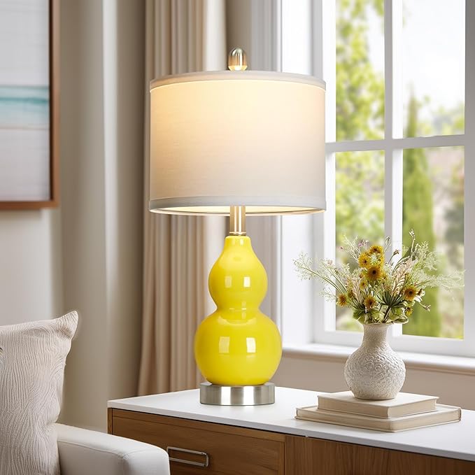 Double Gourd Ceramic Table Lamps Set of 2, Modern Yellow Bedside Lamps for Night Stand, Contemporary Nightstand Lamps for Bedroom Living Room (Bulb Included)