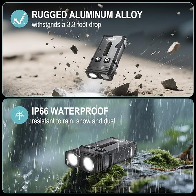 BORUIT EV10 Rechargeable EDC Flashlight with Spot and Flood, Super Bright Pocket Flashlights with Clip, RGB Light & IP66 Waterproof, Dual Switch Small Flashlight Magnetic for Outdoors, Emergency
