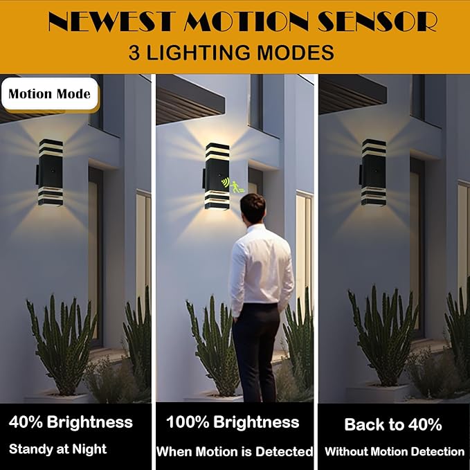Dusk to Dawn Motion Sensor Porch Light with 3 Lighting Modes, Waterproof Up Down Wall Sconce with Adjustable Bulbs, Aluminum Exterior Light Fixtures for Entryway, Patio, Garage,ETL Listed