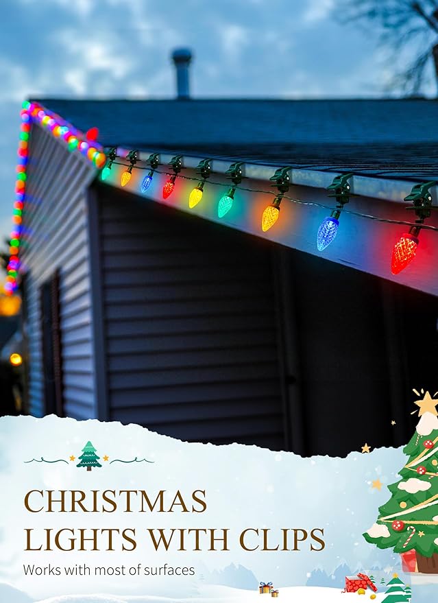 C9 LED Christmas Lights Outdoor, 99 Feet 150 LED C9 String Lights with 150 Spring Clips, Waterproof Connectable Christmas Tree Lights for Outside Roofline Patio Home Xmas Decor, Multicolor