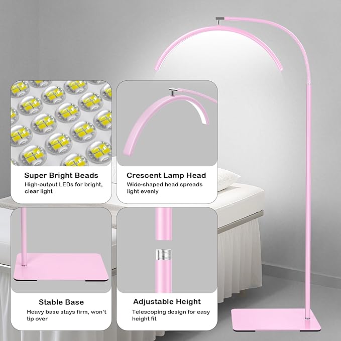 Half Moon Lash Light for Eyelash Extensions & Estheticians, Dimmable LED Lash Lamp with Flexible Gooseneck, Shadow-Free Moon Light for Lash Tech, Tattoo, SPA, Eyelash Lamp (Pink)