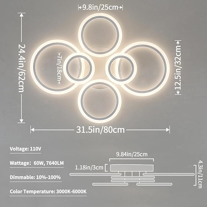 60W Modern LED Ceiling Light Fixture, Dimmable LED Chandelier Flush Mount Ceiling Lights Remote Control 6 Acrylic Ring Ceiling Lamp Fixture for Living Room Dining Room Bedroom, 7640LM