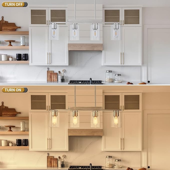 WILON Kitchen Island Lighting, 4 Lights Nickel Sand Linear Chandeliers Modern Farmhouse Chandelier with Glass Shades for Kitchen Island Living Dining Room Foyer Bedroom(Brushed Nickel,4 Lights)