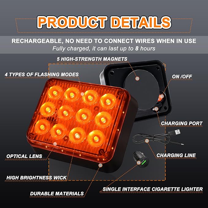 2PCS Amber Strobe Lights for Trucks, Rechargeable Flashing Lights for Vehicles, Battery Powered Surface Mount Flashing Warning Emergency Lights with Magnetic for Trucks Car,Trailer,ATV,Tow