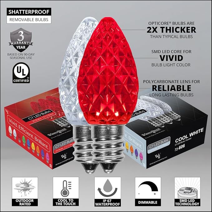 Wintergreen Lighting Set of 100 Red and Cool White Candy Cane C7 OptiCore Outdoor Christmas Lights - Commercial LED Bulbs on Heavy Duty 18 Gauge Green Wire (100 ft)