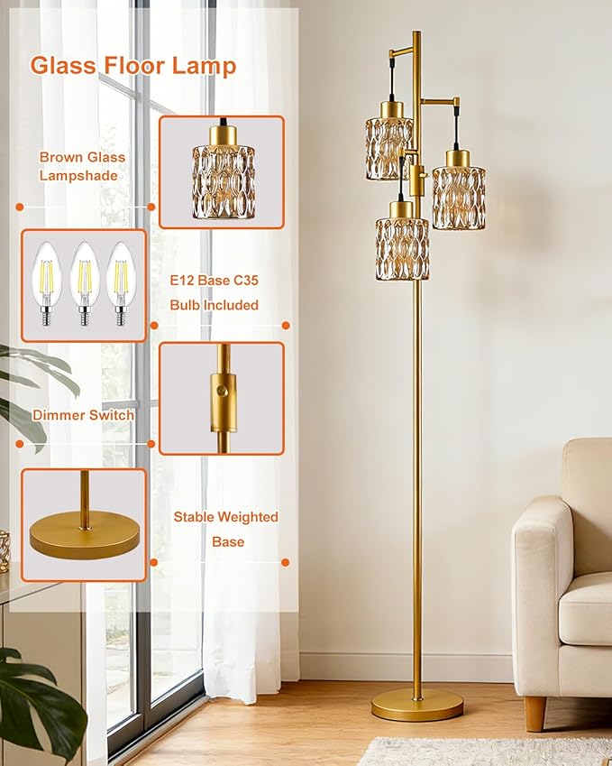 3-Light Floor Lamps for Living Room, Farmhouse Dimmable Gold Floor Lamp with Brown Glass Shade& Bulbs Included, Mid Century Standing Tall Lamp for Bedroom/Sofa Beside/Corner