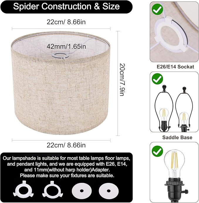 Small Lamp Shade, Beige Drum Lampshade 8.7''Top X 8.7'' Bottom X 7.9'' High, Replacement Lamp Shade Natural Linen Hand Crafted for Table Lamps Floor Lamps Chandelier Lamp, Easy Assembly Required