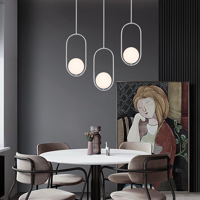 SeeU Pendant Lighting Modern Style Chrome Chandelier,Single Hanging Light Fixture Milky Glass Globe Lampshade Pendant Light Fixture for Kitchen Island,Dinning Room Bedroom