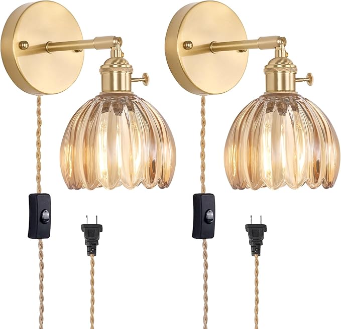 Plug in Wall Sconce, Amber Tulip Glass Lampshade Wall Light Plugin Corded for Bedside Bedroom Doorway, 2 Pack