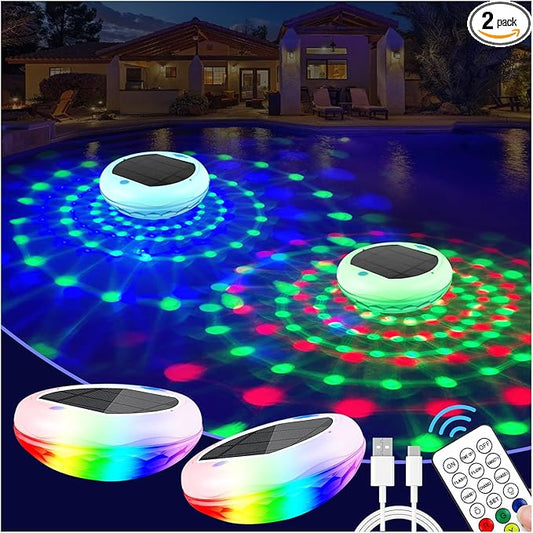 Solar Floating Pool Lights: 2 Pack USB Rechargeable Pool Lights That Float 6 Dynamic Modes with Remote IP68 Waterproof Hang RGB Upper and Lower Floating Light for Pond Garden Party Yard