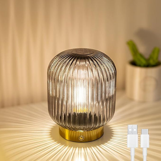 MJ PREMIER Rechargeable Table Lamp, Gray Glass Lamp with Memory Function, Small Cordless LED Lamp with Dimmable Brightness, Decorative Touch Lamps for Bedroom Living Room (Gray)
