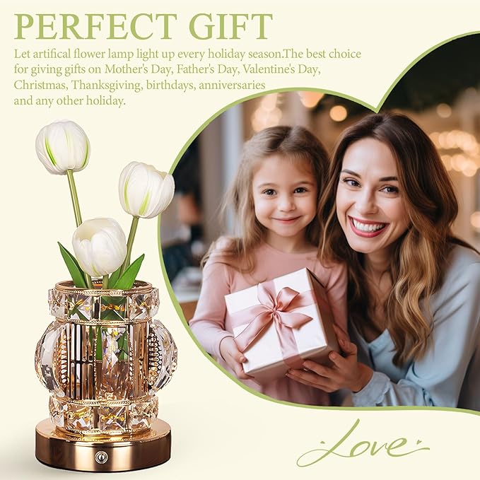 Tulip Table Lamp, Rechargeable Cordless Touch Dimming Artificial Tulip Flower Desk Lamp, LED Crystal Lamp Flower Bedside Night Light, Romantic Gifts for Girl Women Mom (White - Tulip)