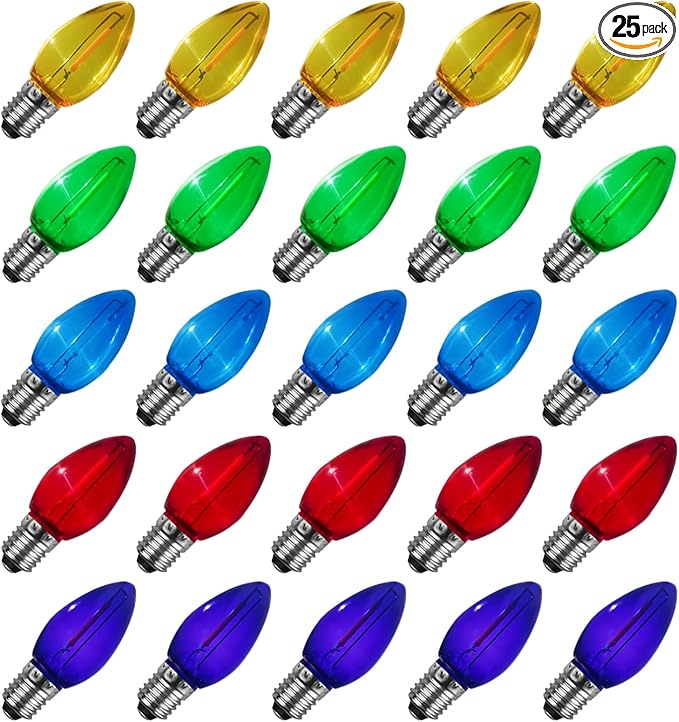 C7 LED Christmas Light Bulbs, 25 Pack Multicolor Replacement Bulbs, Shatterproof Edison C7 LED Light Bulb for Christmas Lights Night Light Chandelier Holiday Decor, E12 Candelabra Base, 0.6 Watt