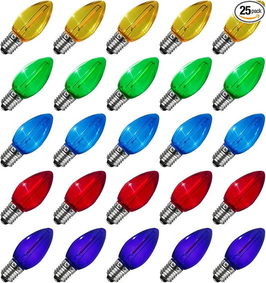 C7 LED Christmas Light Bulbs, 25 Pack Multicolor Replacement Bulbs, Shatterproof Edison C7 LED Light Bulb for Christmas Lights Night Light Chandelier Holiday Decor, E12 Candelabra Base, 0.6 Watt