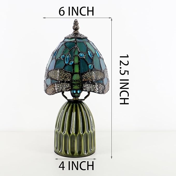Tiffany Lamp Stained Glass Mushroom Table Lamps 6X6X12.5 Inch Sea Blue Dragonfly Style Small Night Light Ceramic Base Mini Accent Desk Light Suitable for Bedside Table Bedroom Children Room