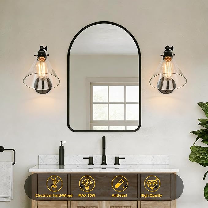 Industrial Vintage Slope Pole Wall Mount Single Sconce with Funnel Flared Clear Glass Shade, Swing Arm Wall Sconce Light Lamp Fixture Hardwired