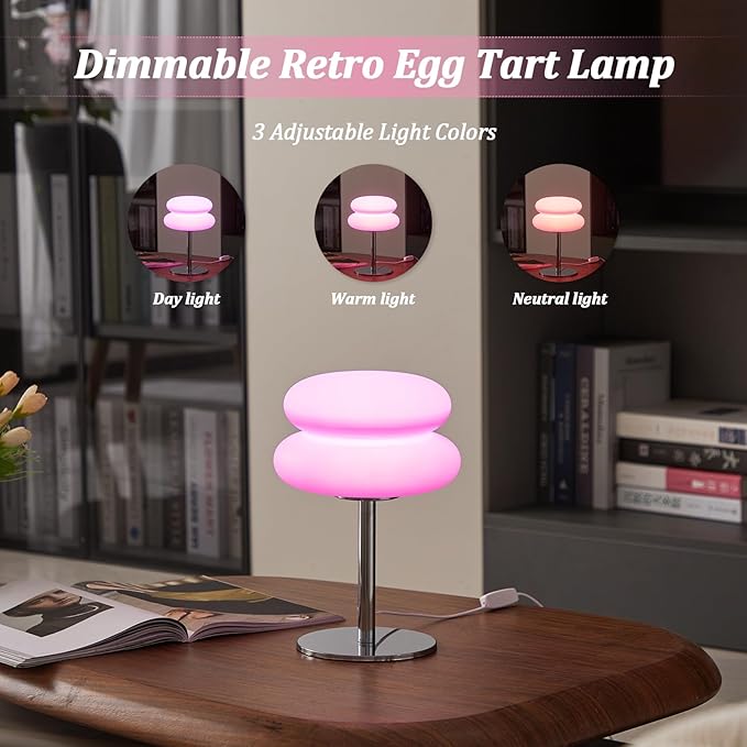 Pink Mushroom Lamp, Mid Century Modern Lamp for Nightstand, Dimmable Retro Egg Tart Bedside Lamps, Home Decor Ambient Lighting Aesthetic Cute Lamps for Bedroom Living Room (NOT Glass)