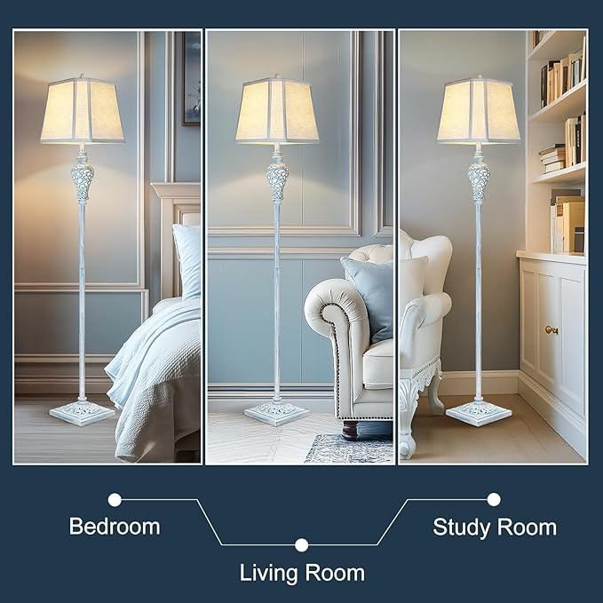 Vintage Floor Lamp with Nightlight, 65" Retro Standing Lamp with White Linen Shade, Washed Blue Finish Farmhouse Style Design Tall Lamp Decor for Living Room Bedroom Study Home Corner (Bulb Included)