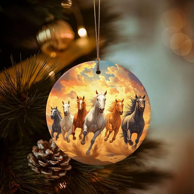 Cartoon Horse Running Christmas Ornaments, Christmas Decorations Xmas Tree Hanging Ornaments, Round Ceramic Festive Keepsake Gift for Xmas Decorations Holiday Home Decor