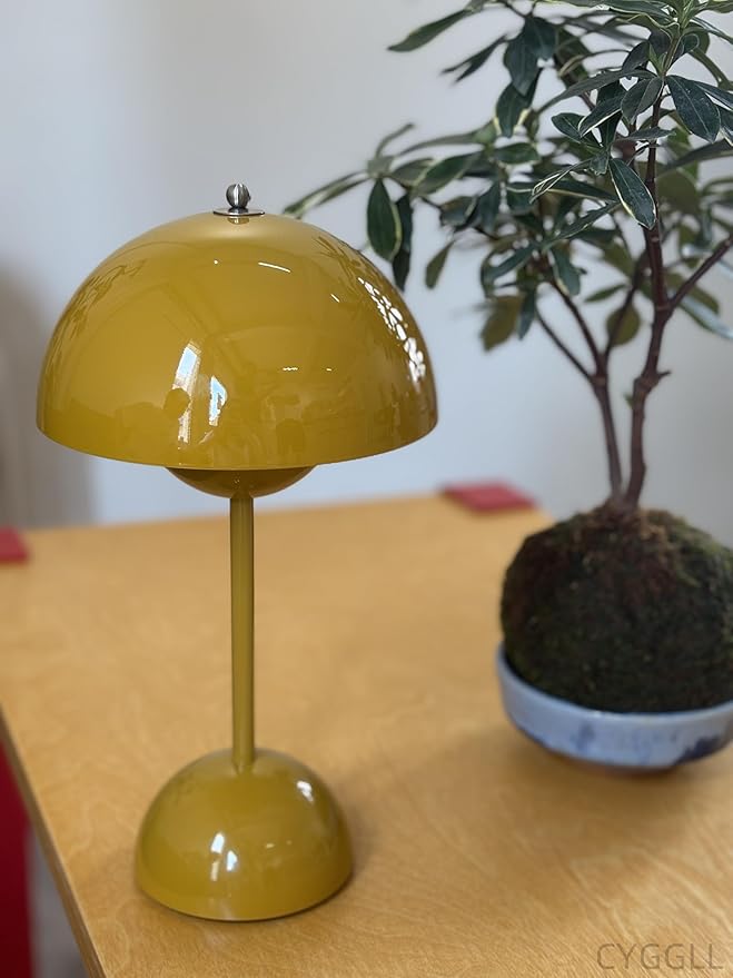 Modern Flower Bud Lamp 12" Cordless Touch Lamp Dimmable 2600mAh Rechargeable Desk Lamp Nordic Mushroom Lamp Nightstand Bedside Lamp for Bedroom Living Room(Mustard Yellow) No Reading Light