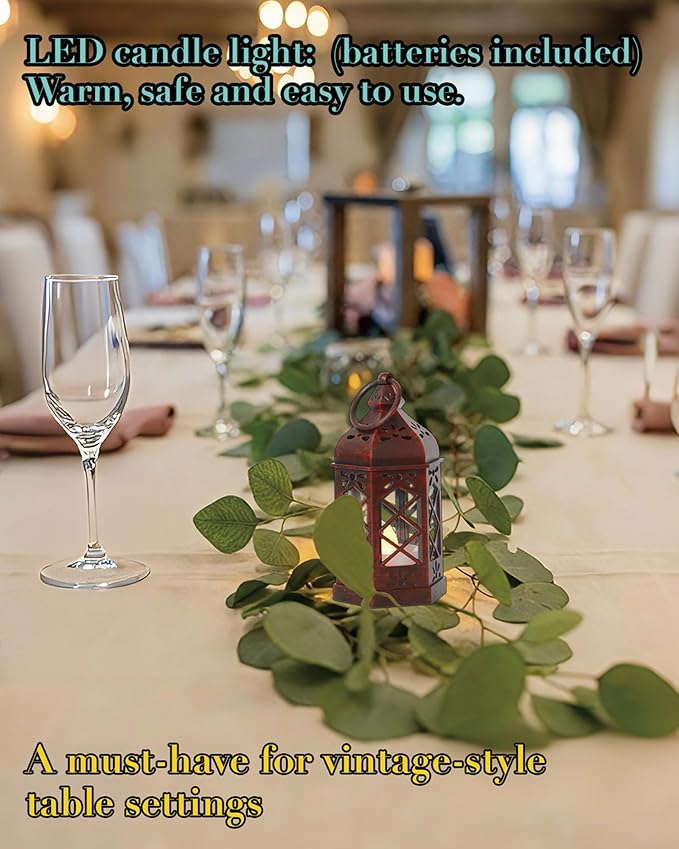 8-Pack Mini Lanterns for Ramadan, Wedding, Festivals, Small Decorative Lanterns with LED Candle for Baby Shower Party, Moroccan Lantern for Table Centerpiece, Medieval Decor, Red Brushed
