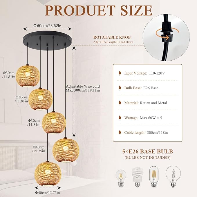 5-Light Rattan Chandelier Lighting for Staircase Boho Bamboo Long Chandeliers for High Ceilings, Wicker Adjustable Pendant Light Fixture for Foyer Living Room Entryway, E26 Base