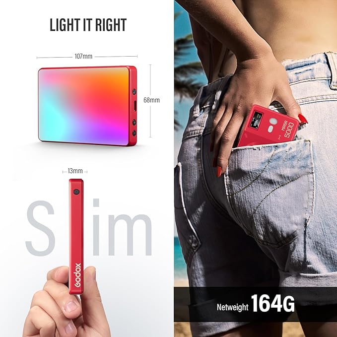 GODOX MA5R LED Fill Light with Soft Diffuser Magnetic Charging Phone Selfie Lighting Mini on Camera Lights 1800K-10000K 14 FX Modes for Selfies, YouTube, TikTok, Vlogging, Video Conferences (Red)