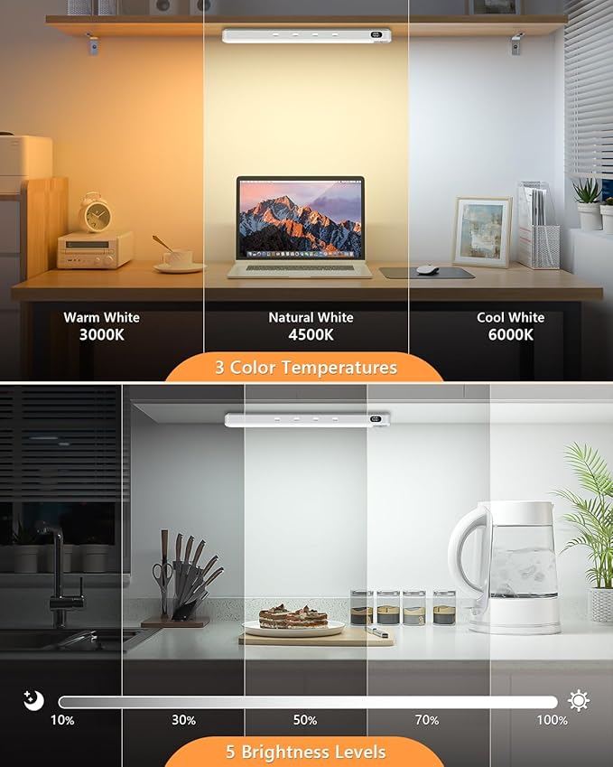 WILLED Under Cabinet & Closet Lights with Remote, Motion Sensor, Rechargeable, Magnetic, 3 Color Temps, Dimmable LED Light Bar for Indoor Kitchen Counter (4 Pack, White)