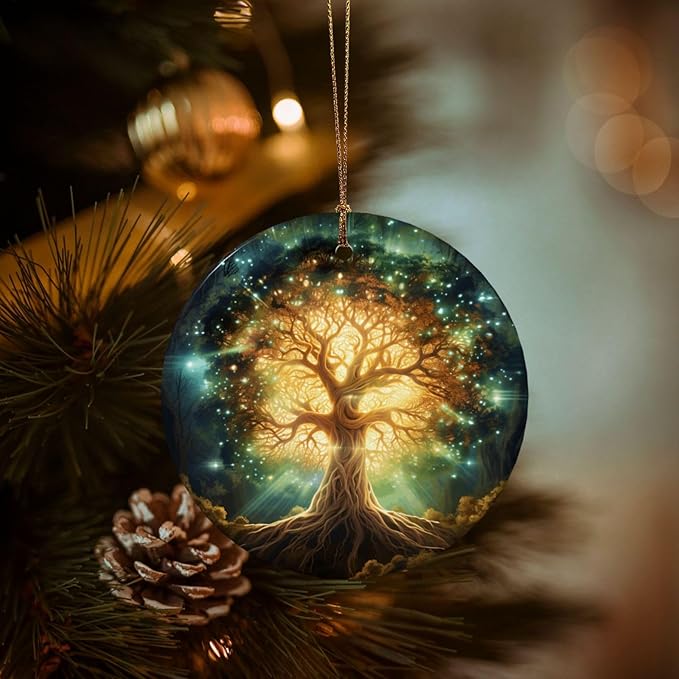 Glowing Tree of Life Christmas Ornaments, Christmas Decorations Xmas Tree Hanging Ornaments, Round Ceramic Festive Keepsake Gift for Xmas Decorations Holiday Home Decor