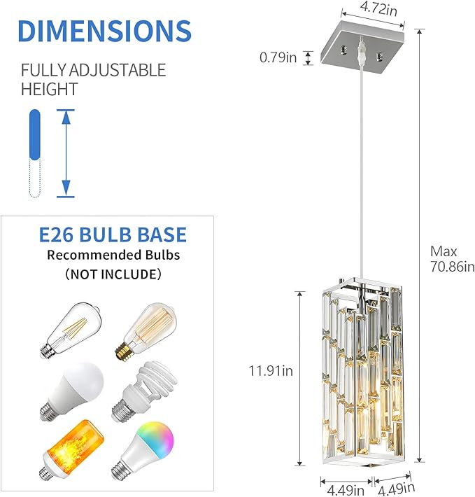 Chrome Pendant Lighting Modern Pendant Light, Mini Crystal Chandeliers,Adjustable Pendant Light Fixture for Kitchen Island Dinning Room Bedroom (2 Pack)