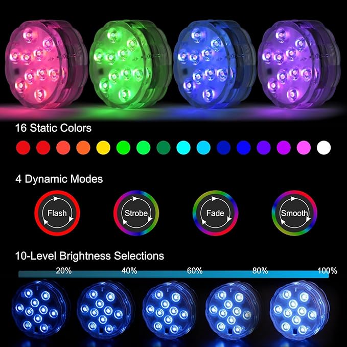 Submersible LED Pool Lights for Inground Pools and Above Ground Pools, 16 Colors 4 Modes Battery Powered Underwater LED Lights with Remote for Pool Pond Camping Bucket Decoration (4 Pack)