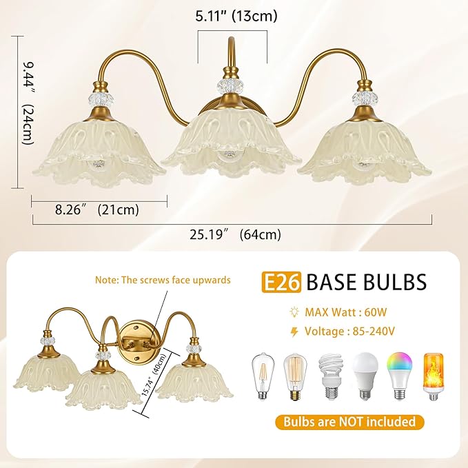 Vintage Bathroom Vanity Light, 3-Light Matte Brass Finish Vanity Light with Floral Yellow Glass Shades, Retro Wall Sconce for Bathroom, Dressing Table