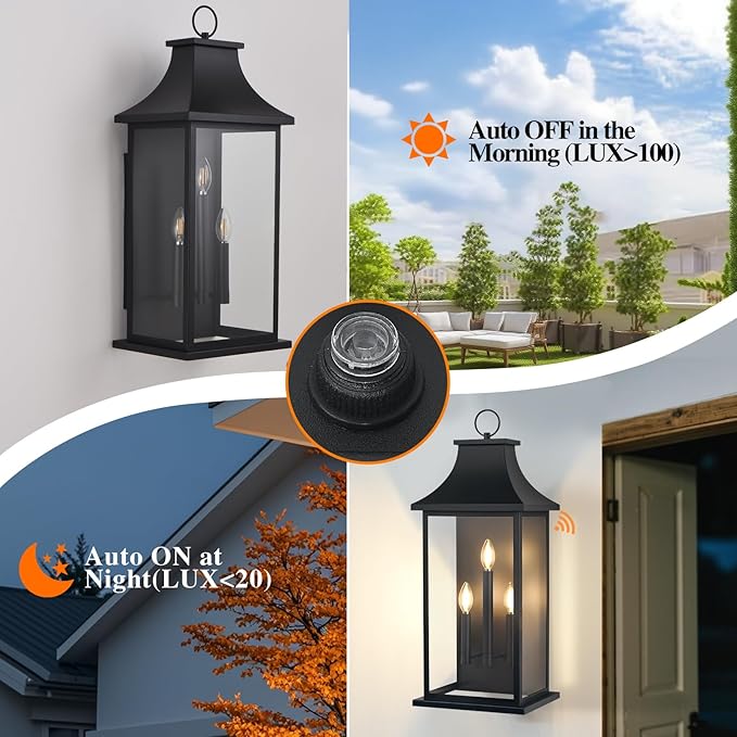 tewei 28'' Dusk to Dawn Large Outdoor Wall Light, Porch Light Outdoor Wall Sconce Lantern, 3-Light Black Exterior Lighting Fixture Wall Mount, Outside Light for House Garage, 1-Pack