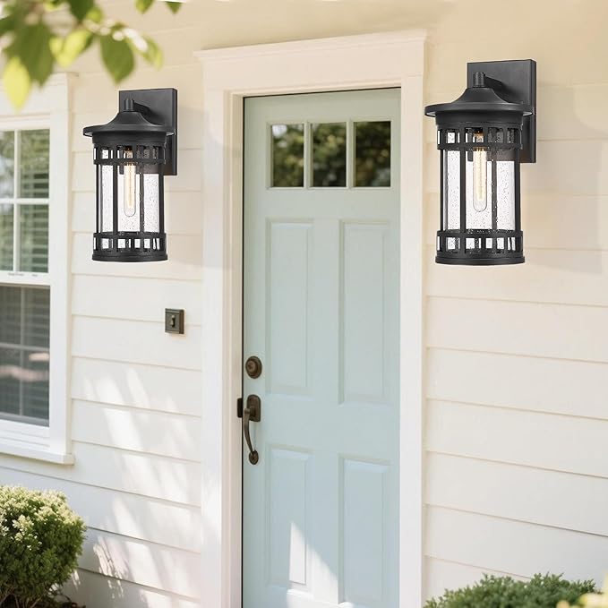 Outdoor Wall Sconce, Farmhouse Outdoor Wall Light with Seeded Glass, Waterproof Exterior Lighting Fixture, Anti-Rust Outside Lantern Lamp for Patio Yard Hallway Doorway Garage (Black,16.7 Inch Height)