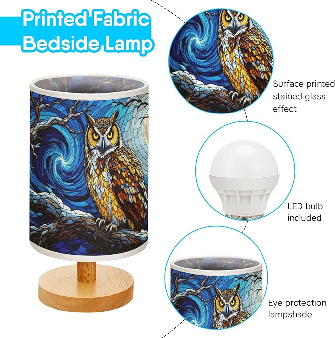 Owl Table Lamp LED 3-Color Pressed Bedside, Owl Shade Lamp with Wood Base for Bedroom Living Room Desk Office TL01